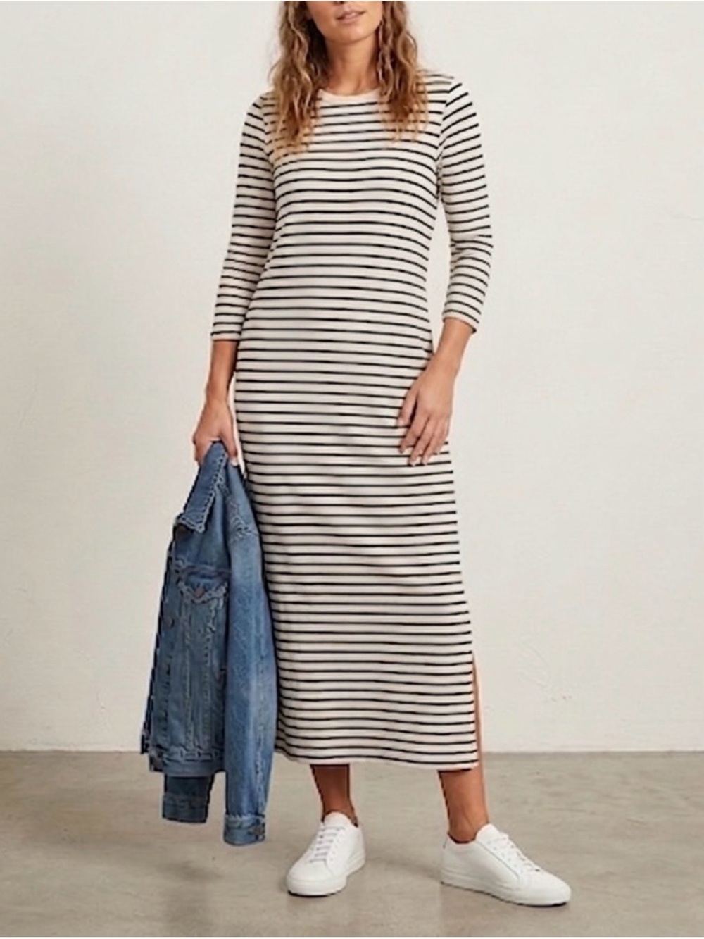 Pomander Palace Striped Long Sleeve Maxi Dress - Cream/Navy